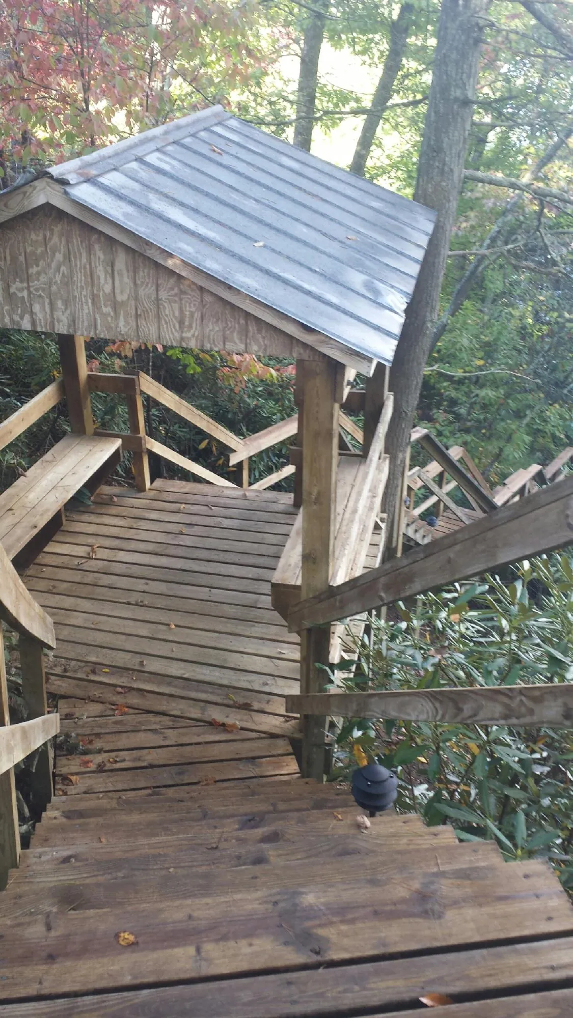 Metal roofed shelter over wooden steps on a wooded walkway — Skylight Repair & Installation work by our crew in Allyn